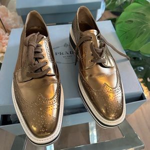 Prada Gold Leather Oxford Platform Loafers - Women's 38